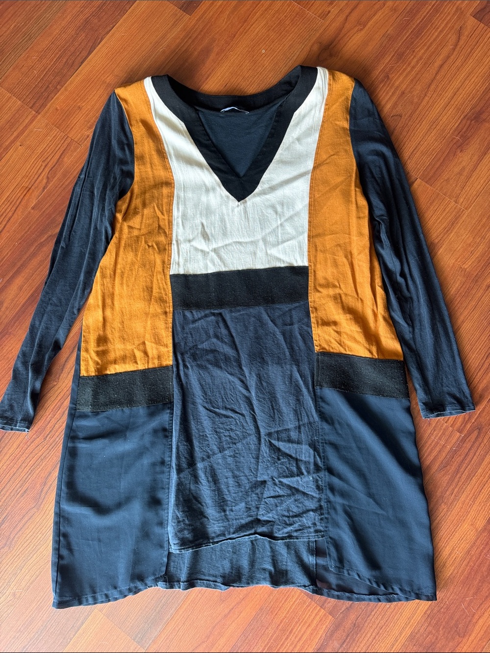 Zara Black White Mustard Panel Long Sleeve Dress